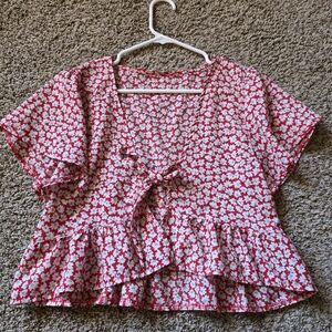 Floral Red and White Blouse